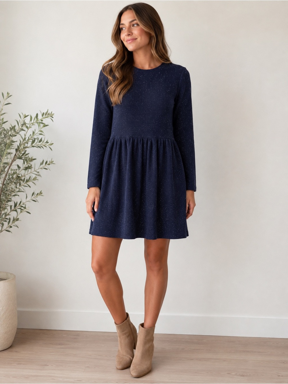 LOFT Navy Speckled Long Sleeve Babydoll Dress Size Medium